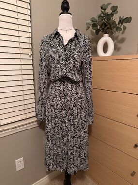 Who What Wear Black and White Printed Long-Sleeve Midi Shirt Dress
